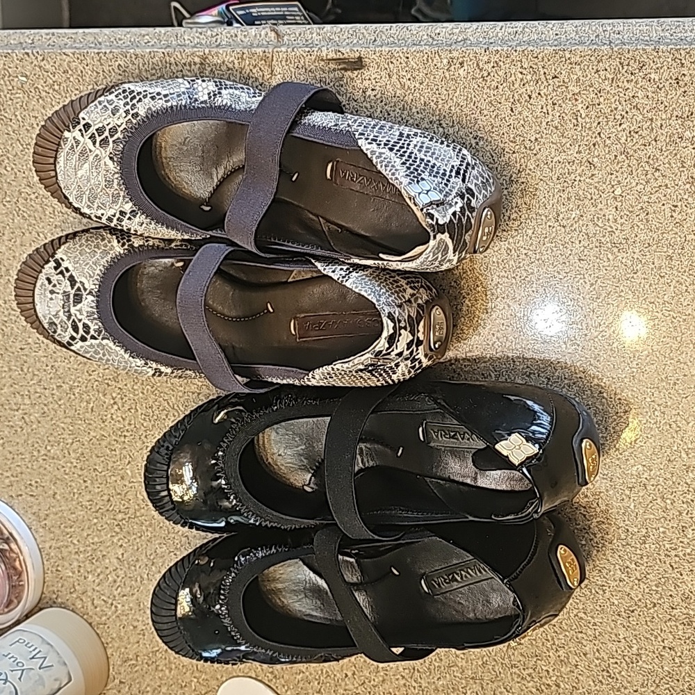 BCBG MaxAzria ballet shoes. leather: black/ snake print, embellishments, 2 Pairs